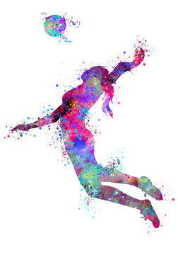A watercolor colorful splashes volleyball player girl silhouette on a white background as a large jpg image ideal for poster or wall art 