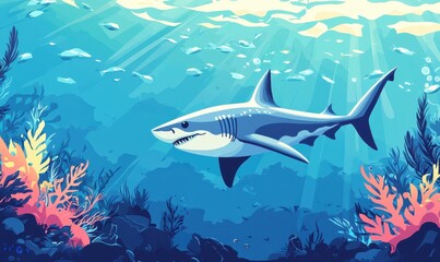 Obraz premium A visually striking underwater scene featuring a shark swimming among vibrant coral and colorful marine life.