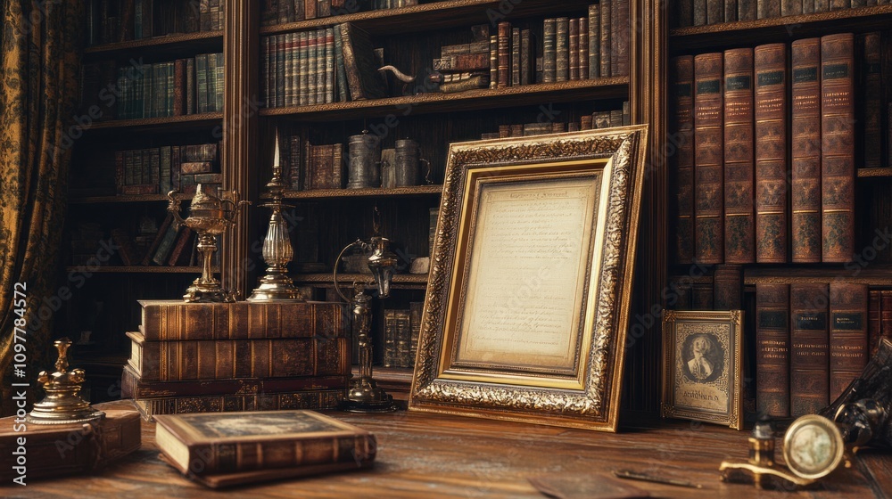 Poster Antique Bookshelf With Ornate Frame And Decorative Objects