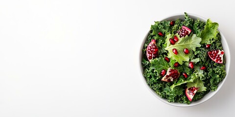 Fresh salad with greens and pomegranate in a bowl, white background