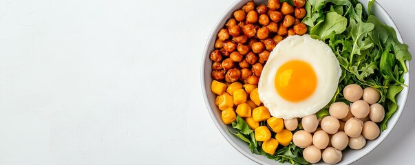 Healthy bowl with egg, greens, and assorted vegetables.
