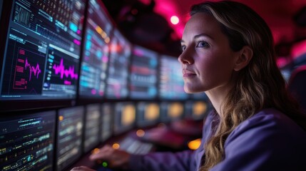 Woman Managing Cloud Infrastructure with Advanced Technology Screens