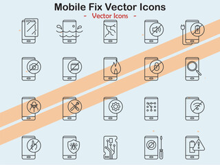 Icons depicting mobile device repair themes in vector style