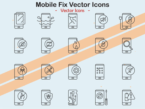 Icons depicting mobile device repair themes in vector style