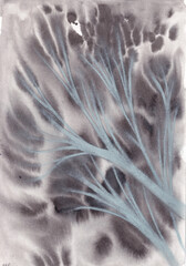 watercolor ink art, abstract trees, black and white illustration