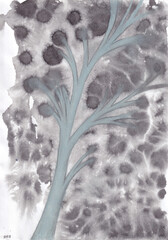 watercolor ink art, abstract trees, black and white illustration
