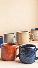 A collection of beautifully crafted ceramic mugs in diverse colors and textures, enhancing any cozy setting.