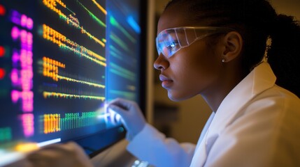 Female Bioinformatics Specialist Analyzing Data on Computer Screen