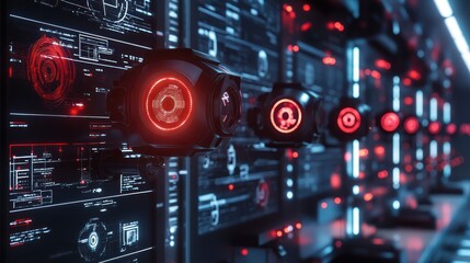 Obraz premium A futuristic display of robotic sensors with glowing red lights on a digital interface.