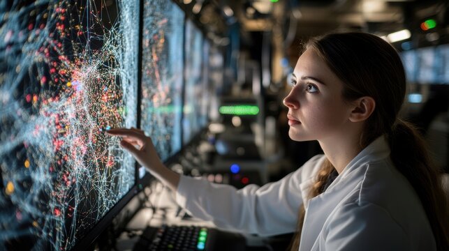 Female AI Researcher Analyzing Data on Multiple Computer Screens