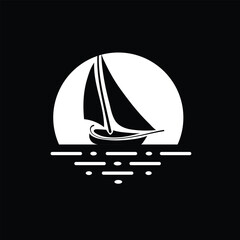This is a logo design of a silhouette of a small sailing ship under a full bright moon and on a calm sea in white color that looks calm and tranquil on a black background

