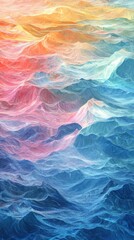 Fototapeta premium A vibrant abstract depiction of ocean waves in shades of blue, pink, and orange, evoking tranquility and motion.