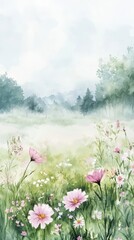 Fototapeta premium A serene watercolor landscape featuring blooming pink flowers amidst lush greenery, evoking a tranquil summer ambiance.