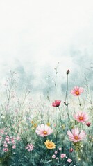 Obraz premium A serene field of wildflowers featuring pink and yellow blooms in soft pastel hues under a misty sky.