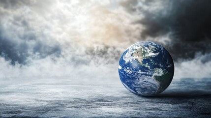 Earth floating in dramatic cloudy landscape	