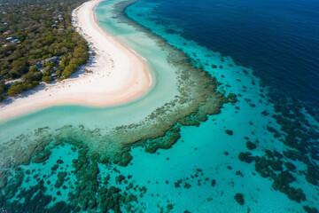 Obraz premium Aerial perspective of a tropical shore; white sand, gradient teal to dark blue water, gentle waves, and natural coral rocks along the coast