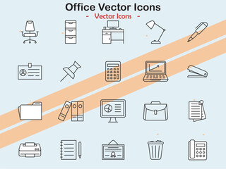 Icons depicting office and workplace themes in vector style