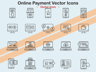 Icons illustrating online payment and financial transaction themes in vector style