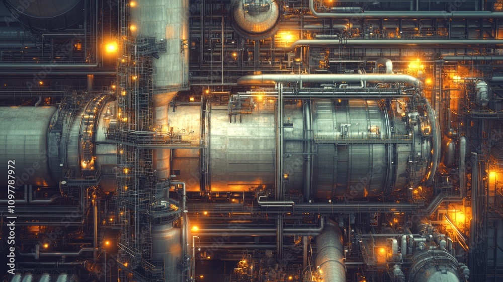 Poster a large industrial pipe with many small pipes branching off of it