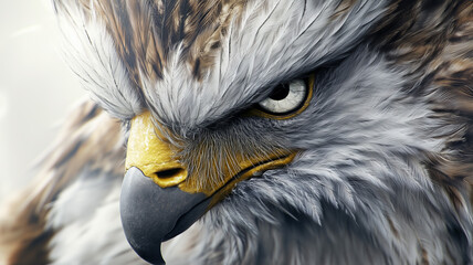 A mythical griffin's head, intricate detailing of feathers and expressive eyes, white studio background,