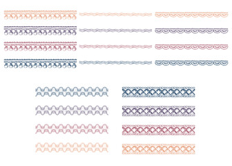 Ribbon lace braid zigzag tassel. Hand drawn ink vector illustration sewing craft embroidery supplies. Set of multicolor objects isolated on white. Design atelier, tailor, hobby shop, fashion boutique