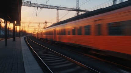 Obraz premium Orange train speeding through a sunset-lit station
