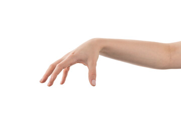 Young woman hand holding something with fingers from the top isolated on white background