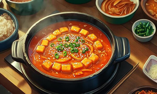 Steaming Bowl of Spicy Tofu and Noodle Stew with Sesame Seeds