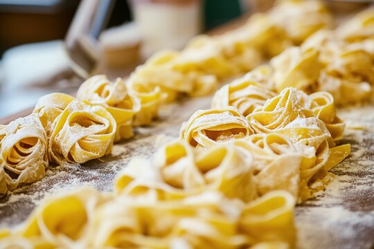 Fresh pasta nests on wooden surface, rustic cooking concept