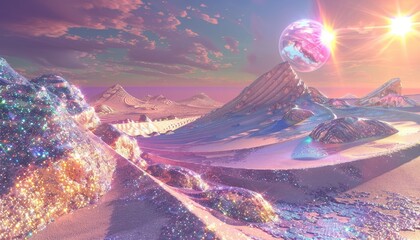 Glittering Mountains and a Pink Planet in a Fantasy Landscape