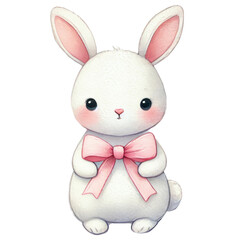 Obraz premium Charming illustration of a white bunny with rosy cheeks wearing a pastel pink bow tie.