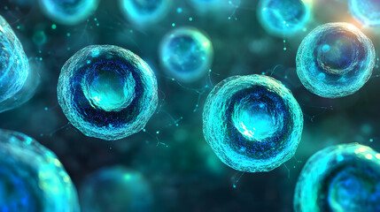 A futuristic microscopic rendering of blue biological cells in a fluid medium, symbolizing advancements in medical research, cellular biology, and bioinformatics.

