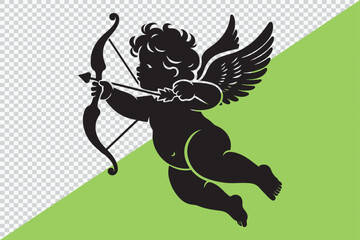 A black silhouette of a flying cherub holding a bow and arrow.