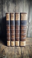 Naklejka premium A set of four vintage leather-bound books arranged on a rustic wooden background.