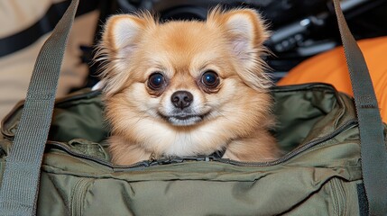 Adorable Pomeranian Puppy in Travel Bag  Dog Carrier  Pet Transport  Cute Dog  Fluffy  Hap