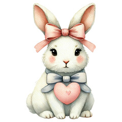 Fototapeta premium Cute white bunny adorned with a pink bow and heart, radiating charm and love, perfect for Valentine's or decorations.