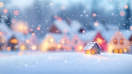 Fototapeta premium A winter village scene with snow-covered rooftops and colorful lights, creating a magical atmosphere. Clear empty space on the bottom for showcasing a product.