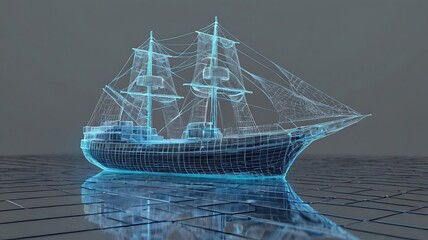 Ship Boat in Hologram Wireframe Style.