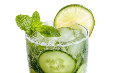 Fototapeta premium A refreshing cucumber mint mojito garnished with a slice of lime, Each sip's crisp cucumber and minty freshness highlighted
