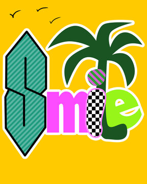 Smile text wording graffiti-style word old retro-style nostalgic palm tree as L letter sticker poster planner love
