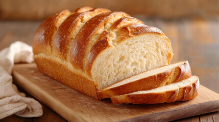 A warm, crusty loaf of bread has been sliced and is ready to eat, sitting on a wooden board.