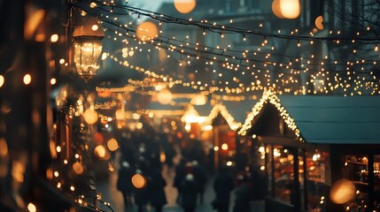 Fototapeta premium Christmas market bustling with warm lights