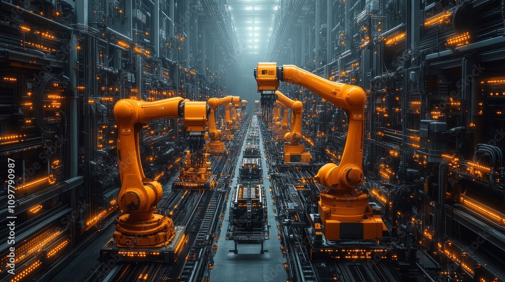 Poster A futuristic scene with robots and cars in a factory