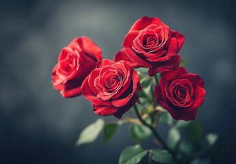 Beautiful Arrangement of Four Vibrant Red Roses with Lush Green Leaves Set Against a Soft Dark Background, Perfect for Romantic or Floral Themed Projects