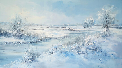 An acrylic painting capturing the beauty of a snow-covered landscape, with soft shades of white and blue conveying the tranquility of a winter scene.