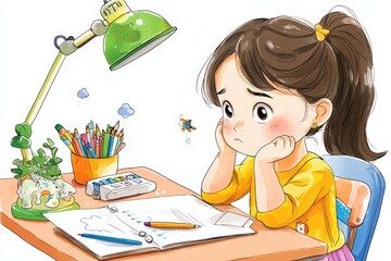 Thoughtful girl studying at her colorful desk