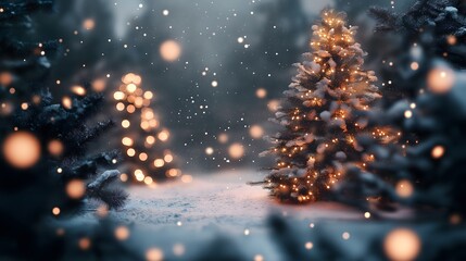 Snowy forest with illuminated Christmas trees.