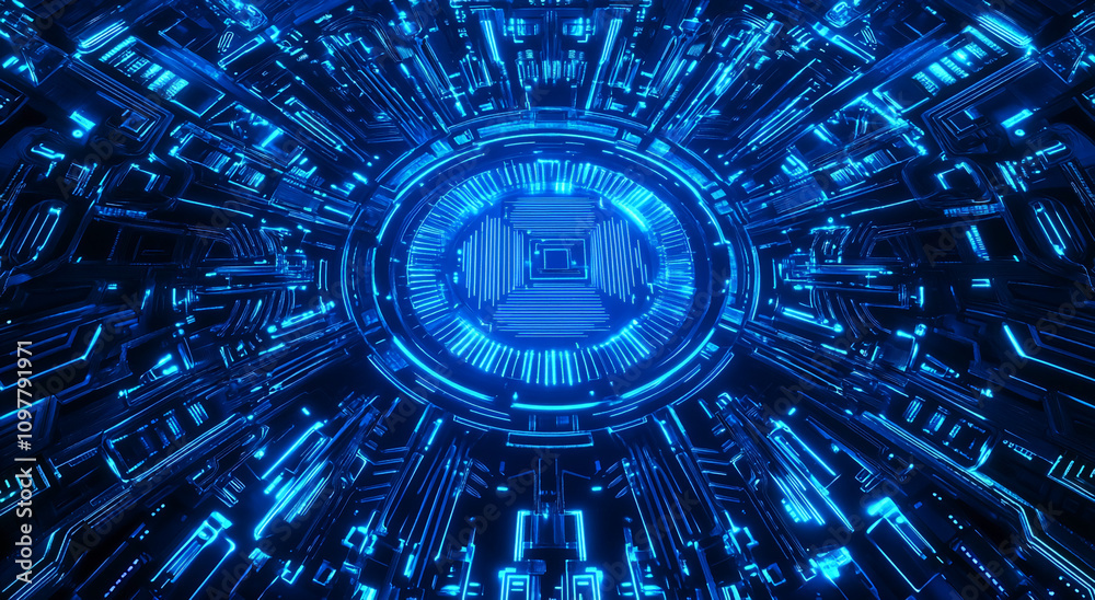 Aufkleber futuristic digital landscape with blue glowing circuitry and intricate patterns