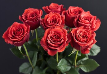 Vibrant Red Roses Displayed Elegantly Against a Dark Background Highlighting Their Beauty and Freshness in a Bountiful Bouquet Arrangement on a Studio Shoot