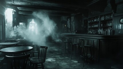 A haunting scene inside an old, abandoned bar, with smoke creeping through the air, casting a ghostly ambiance. The dark furniture and vintage decor create a spooky, unsettling mood perfect for horror
